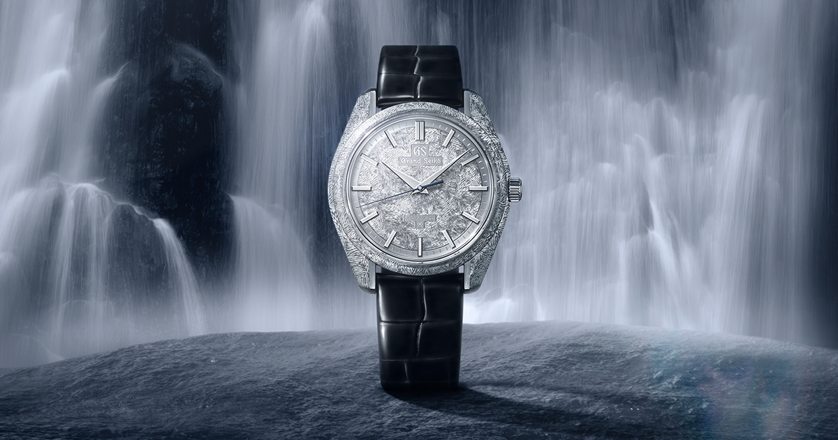 Exquisite hand engraving channels flowing water in a Spring Drive