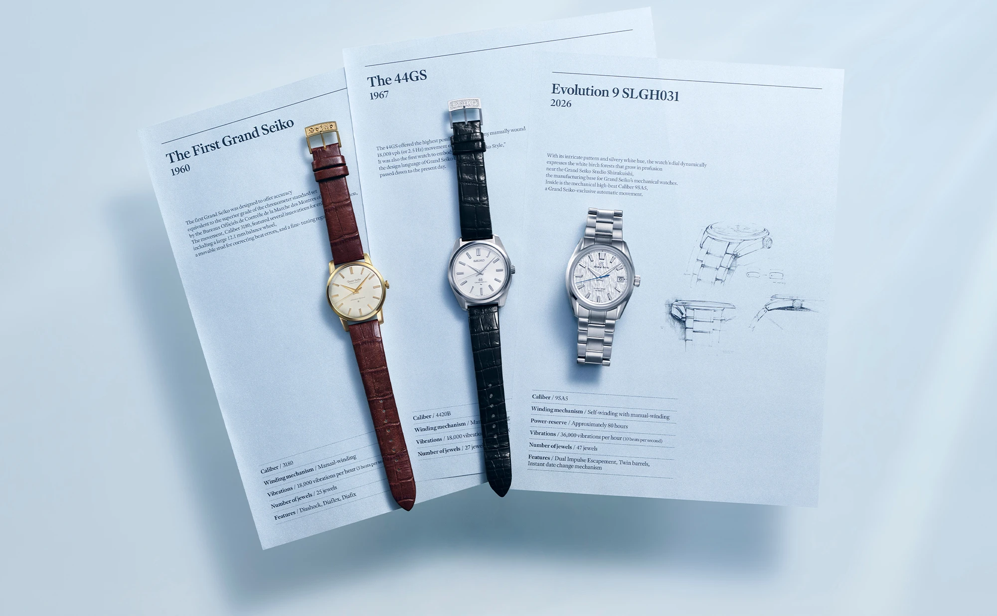 Three Grand Seiko watches representing the evolution from the 1st GS to the 44GS and E9